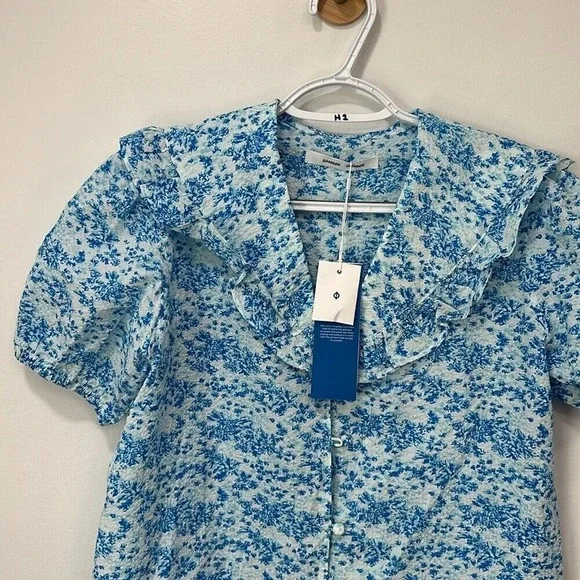 Samsoe Womens Jytta Short Dress XXS Blue Floral Cottage Ruffle Collar Cotton NEW
